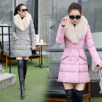 2016冬季新款时尚韩版女装双排扣翻领斜包中长款棉衣配高仿毛领
