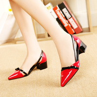 韩版新款尖头镂空粗跟单鞋拼色浅口中空平底鞋 中跟红色女婚鞋 夏
