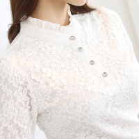 加绒2015韩版修身打底衫长袖蕾丝雪纺衫立领镂空女上衣秋冬衬衫