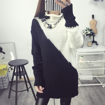 2016冬季新款韩版女装直筒单件拼接高领套头长袖通勤中长款毛衣