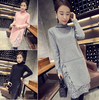 2015秋冬季新款韩版蕾丝拼接中长款修身显瘦开叉长袖女装连衣裙潮