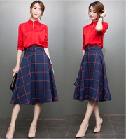 2015秋装新款韩版女装红色衬衫上衣+格子半身裙两件套套装连衣裙