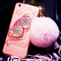獭兔毛球iPhone6PLUS手机壳苹果6保护壳奢华硅胶带挂绳6s套心图型
