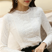 2015秋季新款韩版加厚显瘦蕾丝衫上衣长袖半高领加绒女士打底衫冬