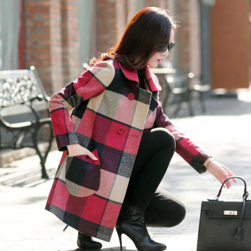 2015秋冬装新款韩版中长款红格子呢子外套女士修身a字羊毛呢大衣
