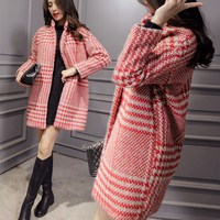 2015新款韩版女装冬中长款格子毛呢外套女茧型宽松加厚羊毛呢大衣