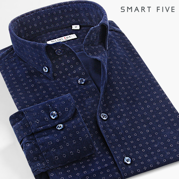 SmartFive 男士时尚衬衫长袖灯芯绒衬衫修身纯棉印花衬衣男装休闲
