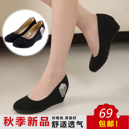 老北京布鞋内增高女鞋 秋天单鞋女 坡跟黑色中跟工鞋上班鞋工作鞋