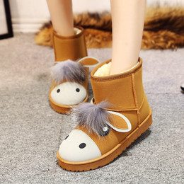 2015冬季韩版小驴头雪地靴圆头平底套筒短靴超萌可爱卡通毛毛女靴
