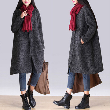 冬季新款韩版羊毛呢大衣中长款大码外套一粒盘扣女士风衣宽松显瘦