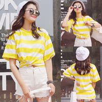 2015夏季新款黄色粗横条纹上衣 韩版百搭休闲糖果色黄白条短袖T恤