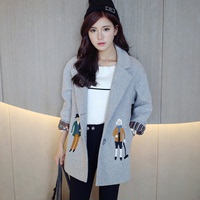 2015秋新款韩版学生装女学院风小西装领卡通人物刺绣毛呢大衣外套