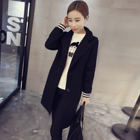 2016秋装新款韩版修身显瘦中长款呢子大衣女 翻领长袖呢料外套 潮