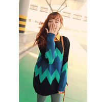 2015韩版冬装新款 复古风彩色中长款宽松套头加厚羊毛针织衫女装