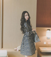 2016春季新款韩版甜美气质几何印花收腰雪纺时尚修身连衣裙女