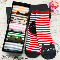 秋冬女袜纯色条纹猫咪礼盒装可爱卡通个性时尚创意全棉中筒短袜子