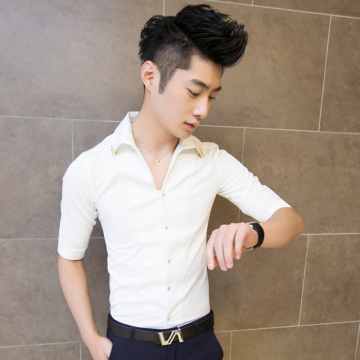 夏季韩版潮男士紧身短袖衬衫修身商务休闲七分袖衬衣男装寸衫上衣