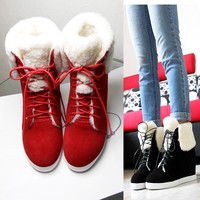 红色2015冬靴真皮羊皮毛一体雪地靴女鞋内增高短靴加厚加绒棉靴子