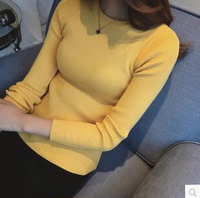2015秋冬新款韩版毛衣基本款纯色竖纹修身显瘦圆领长袖打底针织衫