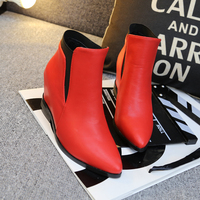 2015秋冬季欧美新款内增高短靴尖头高跟坡跟红色马丁靴黑色女靴子