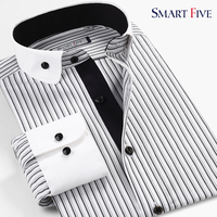 SmartFive 黑白条纹校园风小圆领男士时尚商务衬衫韩版收腰衬衣