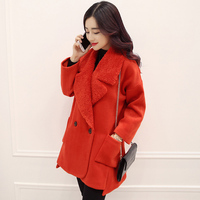2015冬装新款韩版女装羊羔毛拼接大衣中长款加厚红色斗篷毛呢外套