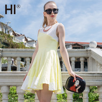HI2015夏季棉麻连衣裙 摩登时尚色块拼接高腰大摆裙 无袖修身