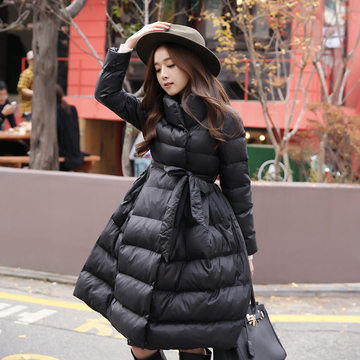 2015冬季新品韩版收腰显瘦立领腰带加厚中长款羽绒棉衣热销推荐