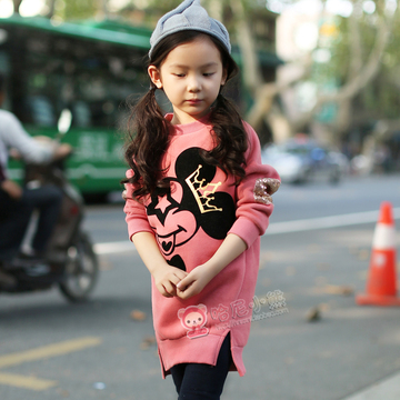 2015冬季韩版儿童装中长款上衣大童冬装打底衫女童加绒加厚卫衣