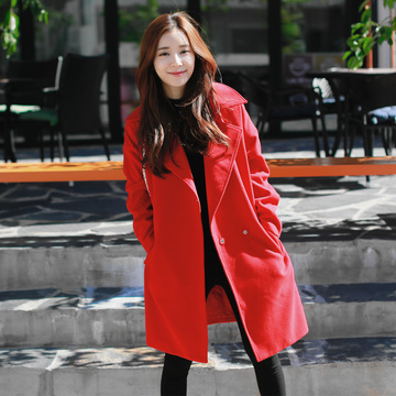 2015秋冬韩版时尚气质毛呢外套女中长款宽松显瘦加厚新娘红色大衣