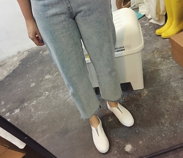 2015夏 韩国订单 休闲复古水洗磨白做旧磨破不对称阔腿牛仔裤