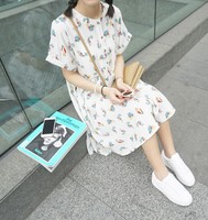 2015夏季新款 韩版复古清新卡通小鸟短袖圆领高腰雪纺连衣裙女