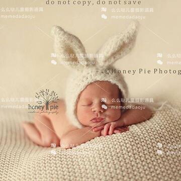 新生儿摄影毛线帽 马海毛手工编织兔子可爱造型 男女宝宝拍照服装