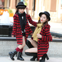 童装春秋季母女装韩版格子女童外套中大长袖款连帽棉亲子呢子风衣