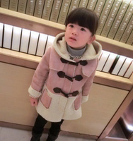 冬季时尚气质韩版可爱女童羊羔毛麂皮双排扣连帽拼接外套甜美大衣