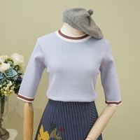 16秋季新品韩国气质通勤百搭显瘦修身圆领套头针织衫中袖打底衫女