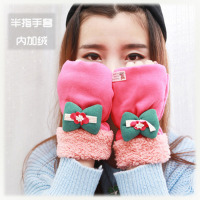 韩版蝴蝶结可爱半指手套学生女棉 冬季键盘打字手套内加绒保暖