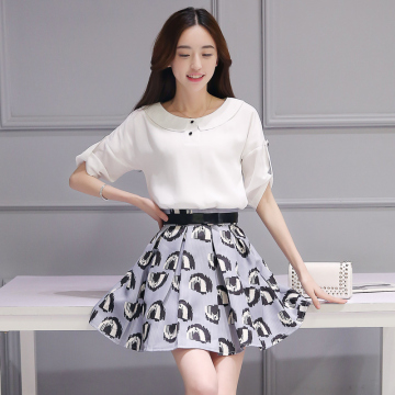 2016夏新款韩版短袖雪纺衫印花圆领短袖连衣裙清新甜美两件套女