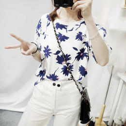 2016韩版花卉花朵印花图案新款宽松大码女装圆领短袖t恤上衣 潮