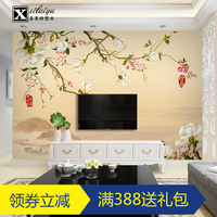 中式电视背景墙壁纸现代风格手绘玉兰花墙纸壁画无纺布影视墙米色