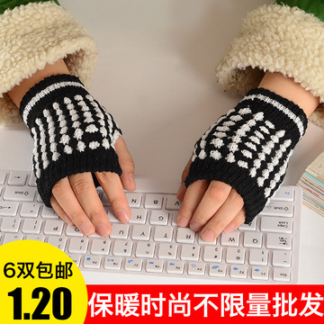 冬季保暖时尚菠萝无指手套 露半指手套 优质毛线电脑打字手套批发
