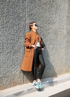 韩版代购棕色西装领帅气纯色显瘦中长款双排扣夹棉毛呢外套大衣女