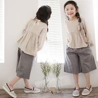 韩国女童装韩版亲子套装儿童棉麻长袖T恤娃娃衫阔腿裤两件套秋装