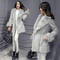 2015新款韩版冬装中长款修身棉衣麂皮绒羊羔毛皮毛一体收腰外套女