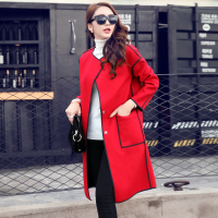 2015冬季新款韩版纯色中长款时尚女修身羊毛呢料毛呢大衣外套潮