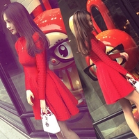 韩国代购2015新款早秋季连衣裙长袖针织红色连衣裙中裙夏A字裙女
