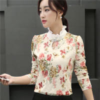 韩版大码女装蕾丝上衣女式宽松长袖t恤短款加绒加厚高领打底衫潮