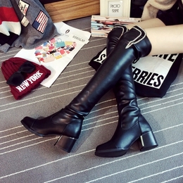 2015冬季新款过膝长筒靴粗跟高跟尖头女鞋韩版水钻弹力靴女靴子