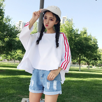 2017夏季新款韩版女装宽松显瘦不规则蝙蝠袖七分袖卫衣T恤上衣女