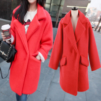 2015冬季韩版羊毛呢外套中长款女加厚呢子大衣西装领纯色简约气质